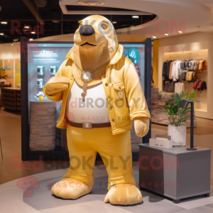 Gold Walrus mascot costume character dressed with a Jeans and Keychains