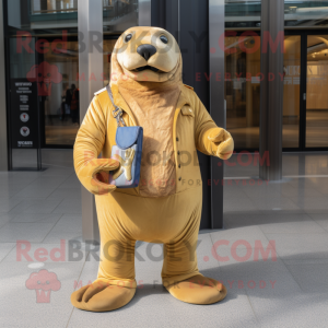 Gold Walrus mascot costume character dressed with a Jeans and Keychains