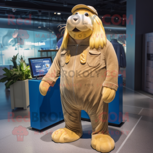Gold Walrus mascot costume character dressed with a Jeans and Keychains