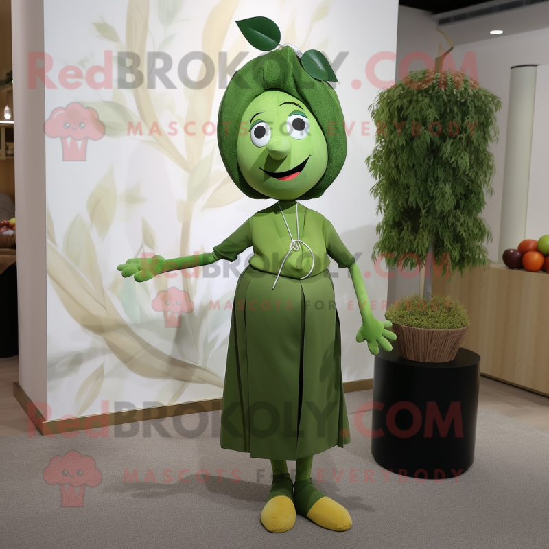 Olive Plum mascot costume character dressed with a Sheath Dress and Anklets