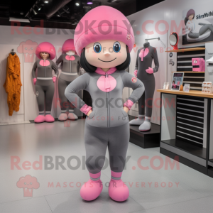 Gray Pink mascot costume character dressed with a Yoga Pants and Berets