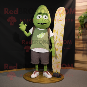 Olive Skateboard mascot costume character dressed with a V-Neck Tee and Wallets