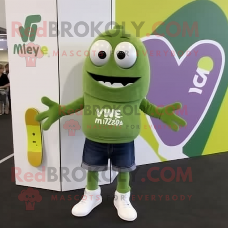 Olive Skateboard mascot costume character dressed with a V-Neck Tee and Wallets Olive Skateboard mascot costume character dressed with a V-Neck Tee and Wallets