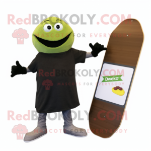 Olive Skateboard mascot costume character dressed with a V-Neck Tee and Wallets