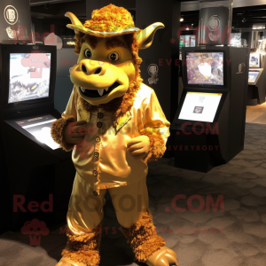 Gold Minotaur mascot costume character dressed with a Button-Up Shirt and Hats