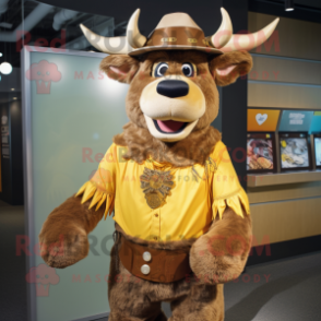 Gold Minotaur mascot costume character dressed with a Button-Up Shirt and Hats