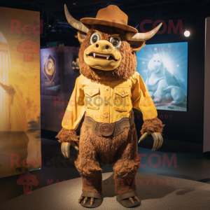 Gold Minotaur mascot costume character dressed with a Button-Up Shirt and Hats