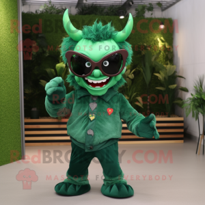 Forest Green Devil mascot costume character dressed with a Blouse and Sunglasses