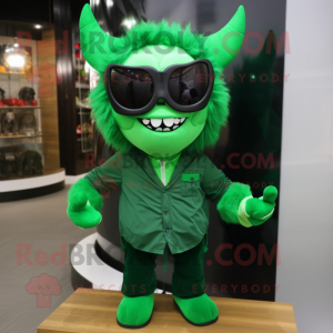 Forest Green Devil mascot costume character dressed with a Blouse and Sunglasses