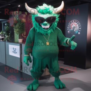 Forest Green Devil mascot costume character dressed with a Blouse and Sunglasses