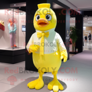 Lemon Yellow Hens mascot costume character dressed with a Polo Tee and Ties