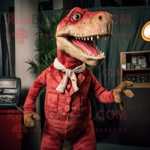 Red Allosaurus mascot costume character dressed with a Corduroy Pants and Cufflinks