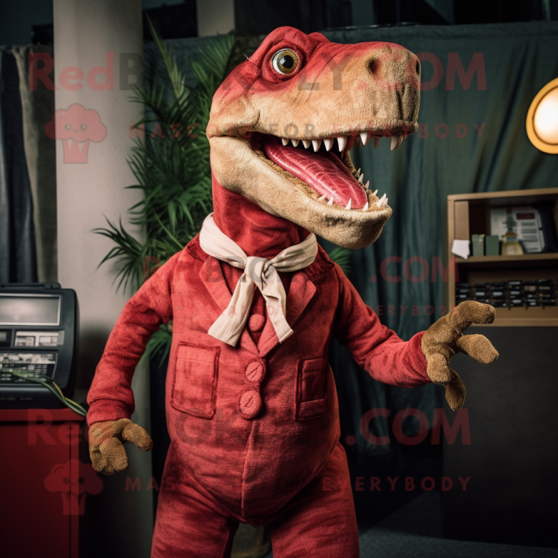 Red Allosaurus mascot costume character dressed with a Corduroy Pants and Cufflinks Red Allosaurus mascot costume character dressed with a Corduroy Pants and Cufflinks