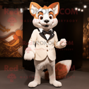 Cream Fox mascot costume character dressed with a Leather Jacket and Bow ties