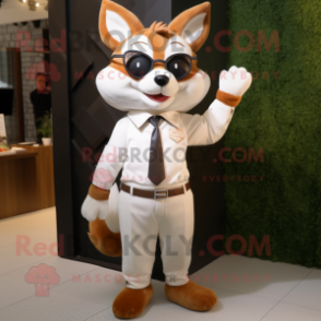 Cream Fox mascot costume character dressed with a Leather Jacket and Bow ties