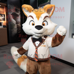 Cream Fox mascot costume character dressed with a Leather Jacket and Bow ties