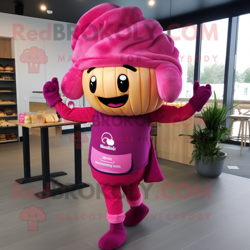 Magenta Croissant mascot costume character dressed with a Leggings and Headbands