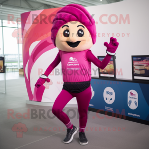 Magenta Croissant mascot costume character dressed with a Leggings and Headbands