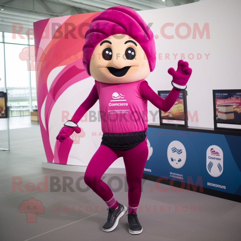 Magenta Croissant mascot costume character dressed with a Leggings and Headbands Magenta Croissant mascot costume character dressed with a Leggings and Headbands