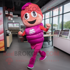 Magenta Croissant mascot costume character dressed with a Leggings and Headbands