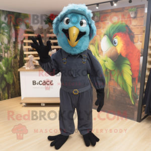 Black Macaw mascot costume character dressed with a Dungarees and Beanies