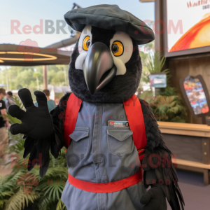 Black Macaw mascot costume character dressed with a Dungarees and Beanies