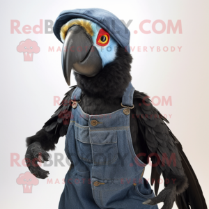 Black Macaw mascot costume character dressed with a Dungarees and Beanies