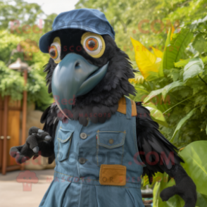 Black Macaw mascot costume character dressed with a Dungarees and Beanies