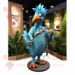 Cyan Rooster mascot costume character dressed with a Skinny Jeans and Suspenders