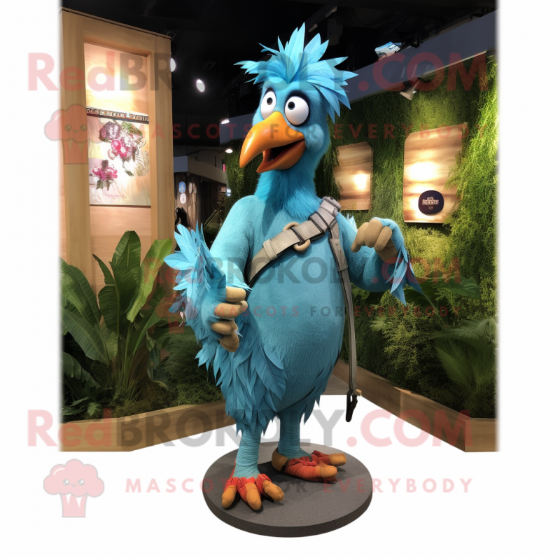 Cyan Rooster mascot costume character dressed with a Skinny Jeans and Suspenders
