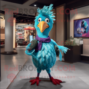 Cyan Rooster mascot costume character dressed with a Skinny Jeans and Suspenders