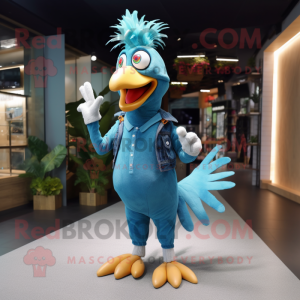 Cyan Rooster mascot costume character dressed with a Skinny Jeans and Suspenders