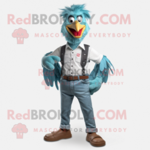 Cyan Rooster mascot costume character dressed with a Skinny Jeans and Suspenders