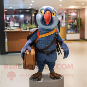 Navy Parrot mascot costume character dressed with a Vest and Tote bags