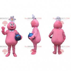 Mascotte divertente personaggio rosa che indossa una margherita