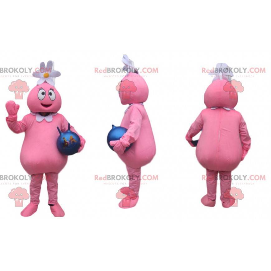 Mascota divertida personaje rosa con una margarita -