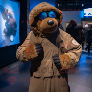 Brown Navy Seal mascot costume character dressed with a Sweatshirt and Scarves