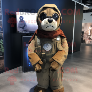 Brown Navy Seal mascot costume character dressed with a Sweatshirt and Scarves