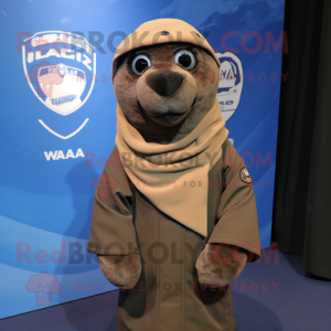 Brown Navy Seal mascot costume character dressed with a Sweatshirt and Scarves