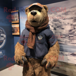 Brown Navy Seal mascot costume character dressed with a Sweatshirt and Scarves