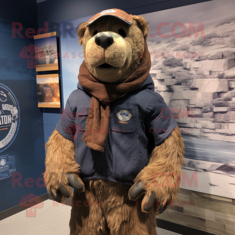 Brown Navy Seal mascot costume character dressed with a Sweatshirt and Scarves Brown Navy Seal mascot costume character dressed with a Sweatshirt and Scarves