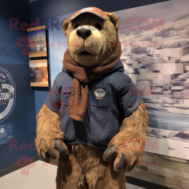 Brown Navy Seal mascot costume character dressed with a Sweatshirt and Scarves