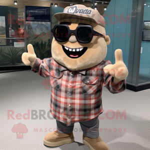 Tan Tuna mascot costume character dressed with a Flannel Shirt and Sunglasses