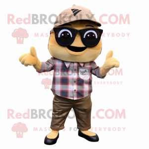 Tan Tuna mascot costume character dressed with a Flannel Shirt and Sunglasses
