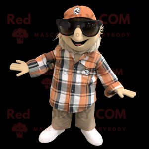 Tan Tuna mascot costume character dressed with a Flannel Shirt and Sunglasses