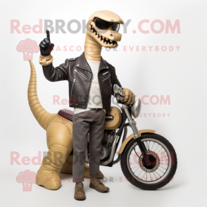 Tan Brachiosaurus mascot costume character dressed with a Biker Jacket and Gloves