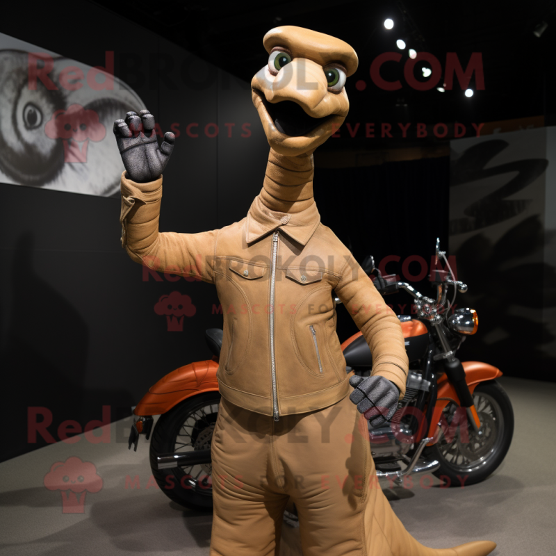 Tan Brachiosaurus mascot costume character dressed with a Biker Jacket and Gloves