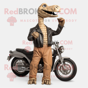 Tan Brachiosaurus mascot costume character dressed with a Biker Jacket and Gloves