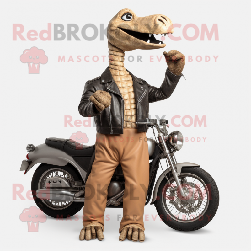 Tan Brachiosaurus mascot costume character dressed with a Biker Jacket and Gloves Tan Brachiosaurus mascot costume character dressed with a Biker Jacket and Gloves