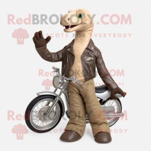 Tan Brachiosaurus mascot costume character dressed with a Biker Jacket and Gloves